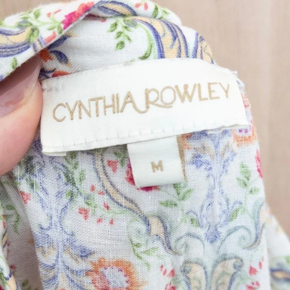 Cynthia Rowley Linen Maxi Skirt Medium Floral Damask Tiered Boho Cottage Coastal